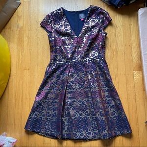 Gold and purple metallic A-line dress